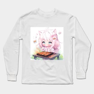 chibi cat girl grill fish Long Sleeve T-Shirt